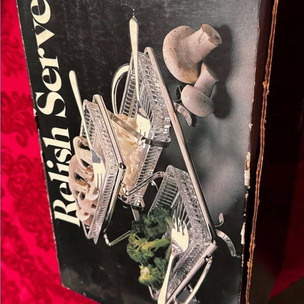 Vintage 1970 Silver platted and Clear Glass relish serving set .